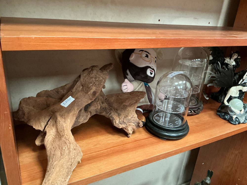 Lot 490: An Assortment of Decorative Collectibles Including Aquarium Driftwood, Display Cloches, Fairy Figurines, and a Makeship Plush Toy