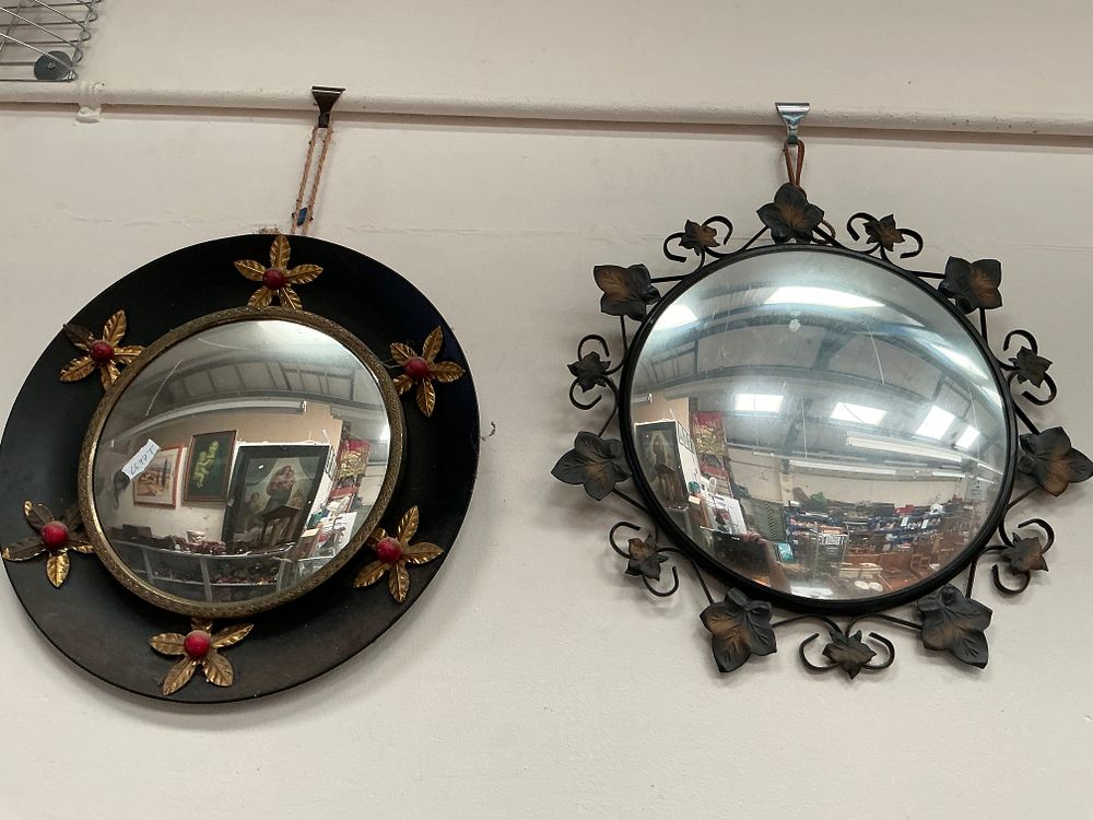 Lot 513: Two Mid-20th Century Decorative Convex Wall Mirrors and a gilt framed wall mirror.