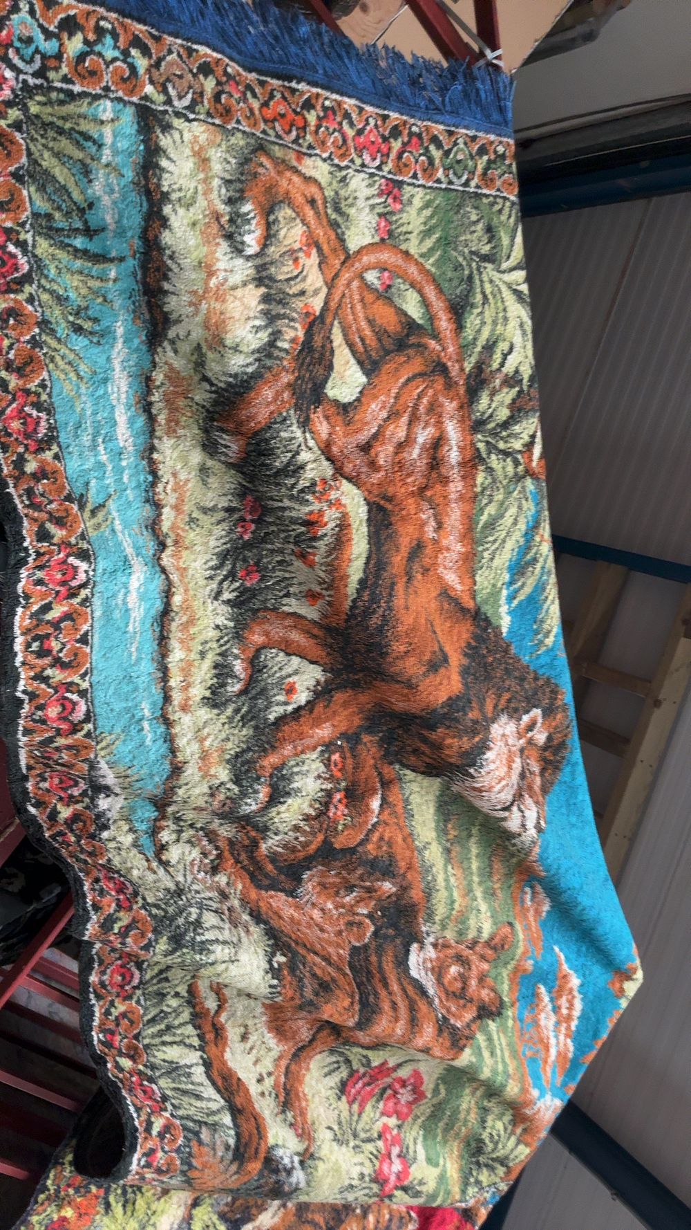 Lot 85: Two Vintage Machine-Woven Plush Pictorial Wall Hanging Rugs Depicting a Lion Pride and a Pouncing Tiger