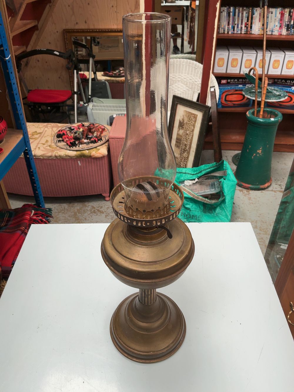 Lot 181: Antique Brass Oil Table Lamp with Fluted Column Stem
