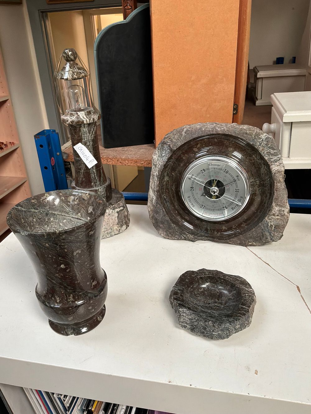 Lot 209: A Set of Cornish Serpentine Stone Desk Accessories Including a Short and Mason Barometer