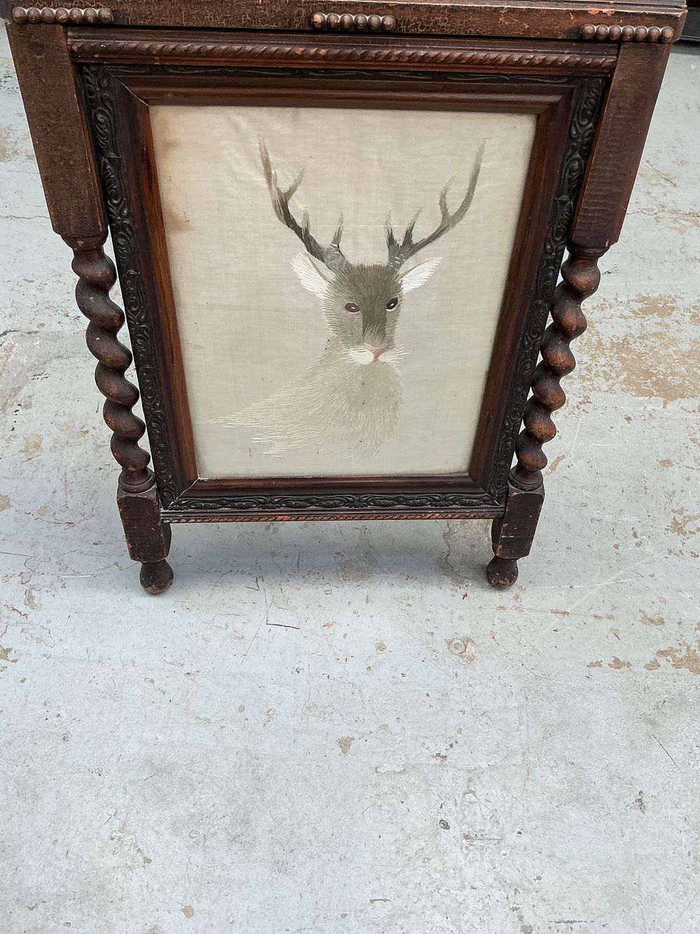Lot 261: Victorian Dark Stained Hardwood Cheval Firescreen with Embroidered Stag Panel