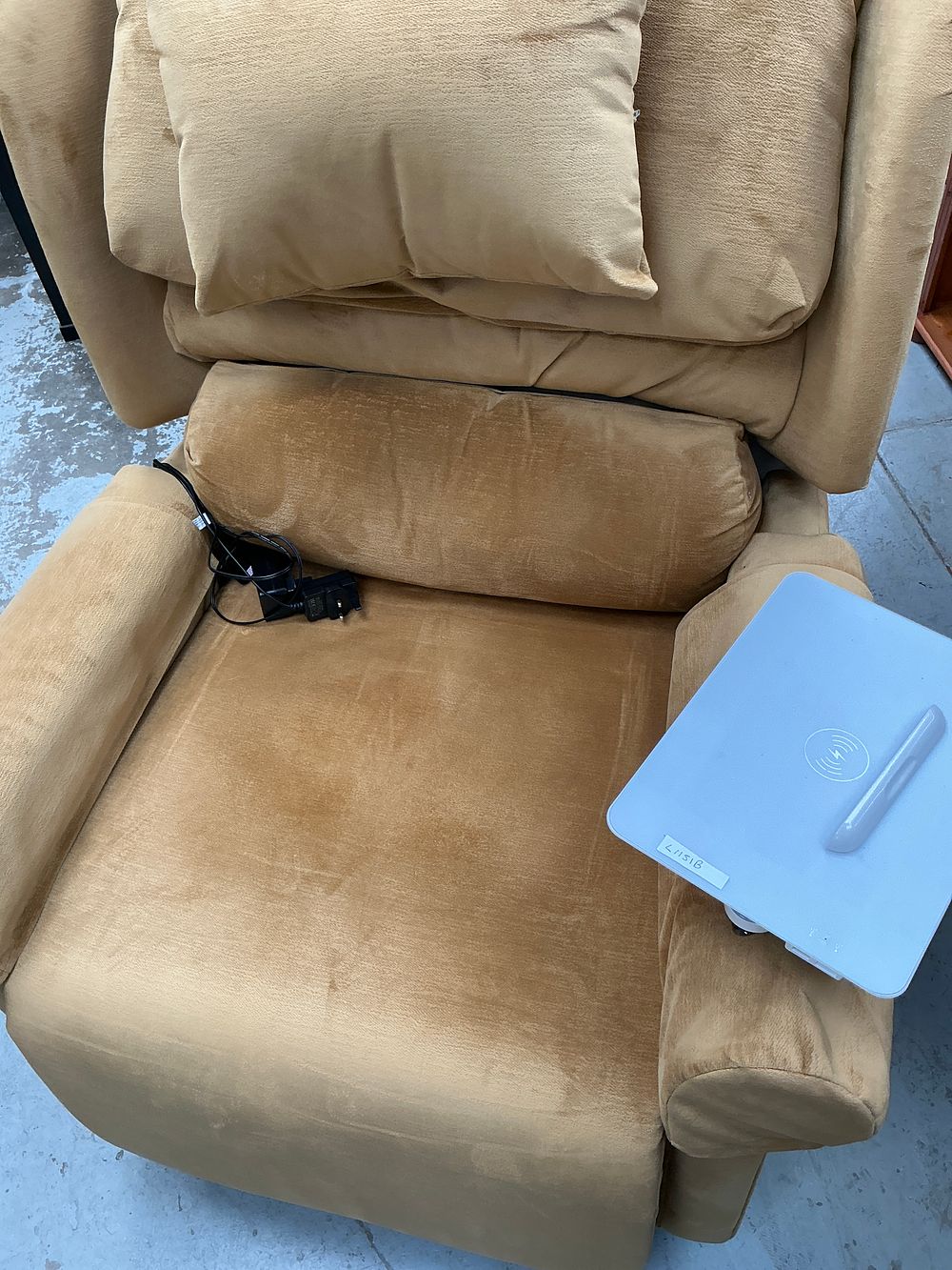 Lot 273: Willowbrook Electric Riser Recliner Armchair in Mustard Yellow Velour with Integrated Wireless Charging Station