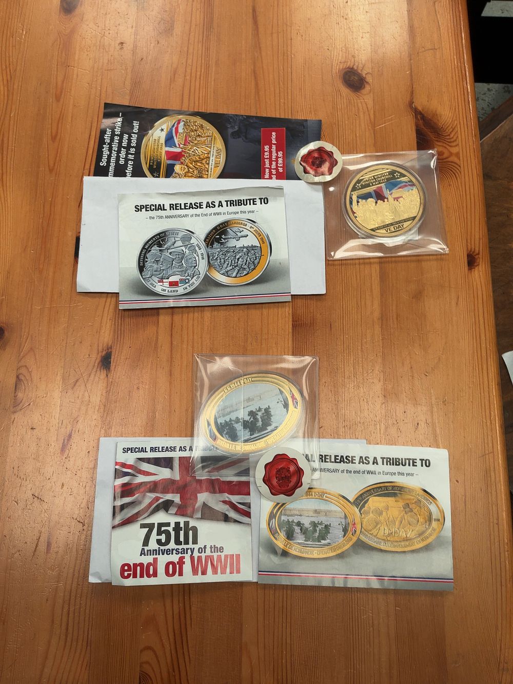 Lot 299: UK 2014-2020 WWII D-Day and VE Day Commemorative Medals, Gold-Plated Cu