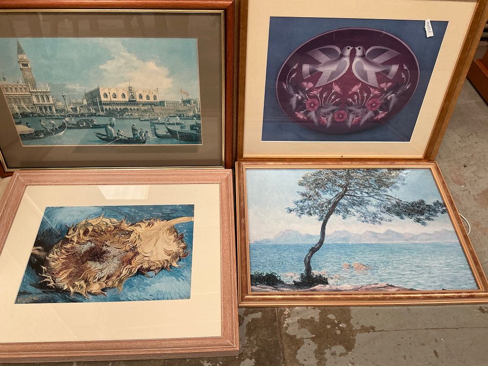 Lot 313: A Collection of Four Framed Decorative Prints after Claude Monet, Vincent van Gogh, Canaletto, and by Pamela Campbell