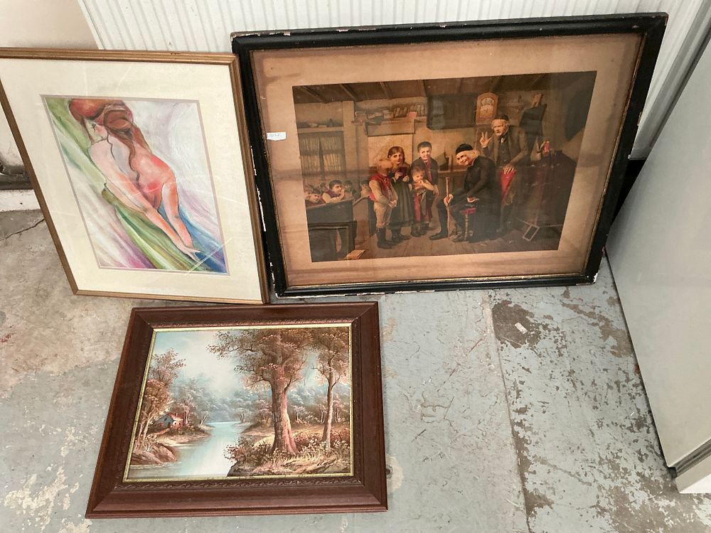 Lot 331: L. Copper and M. Hoddleton, A Trio of Artworks including a Landscape, a Reclining Nude, and a Classroom Scene (Signed)