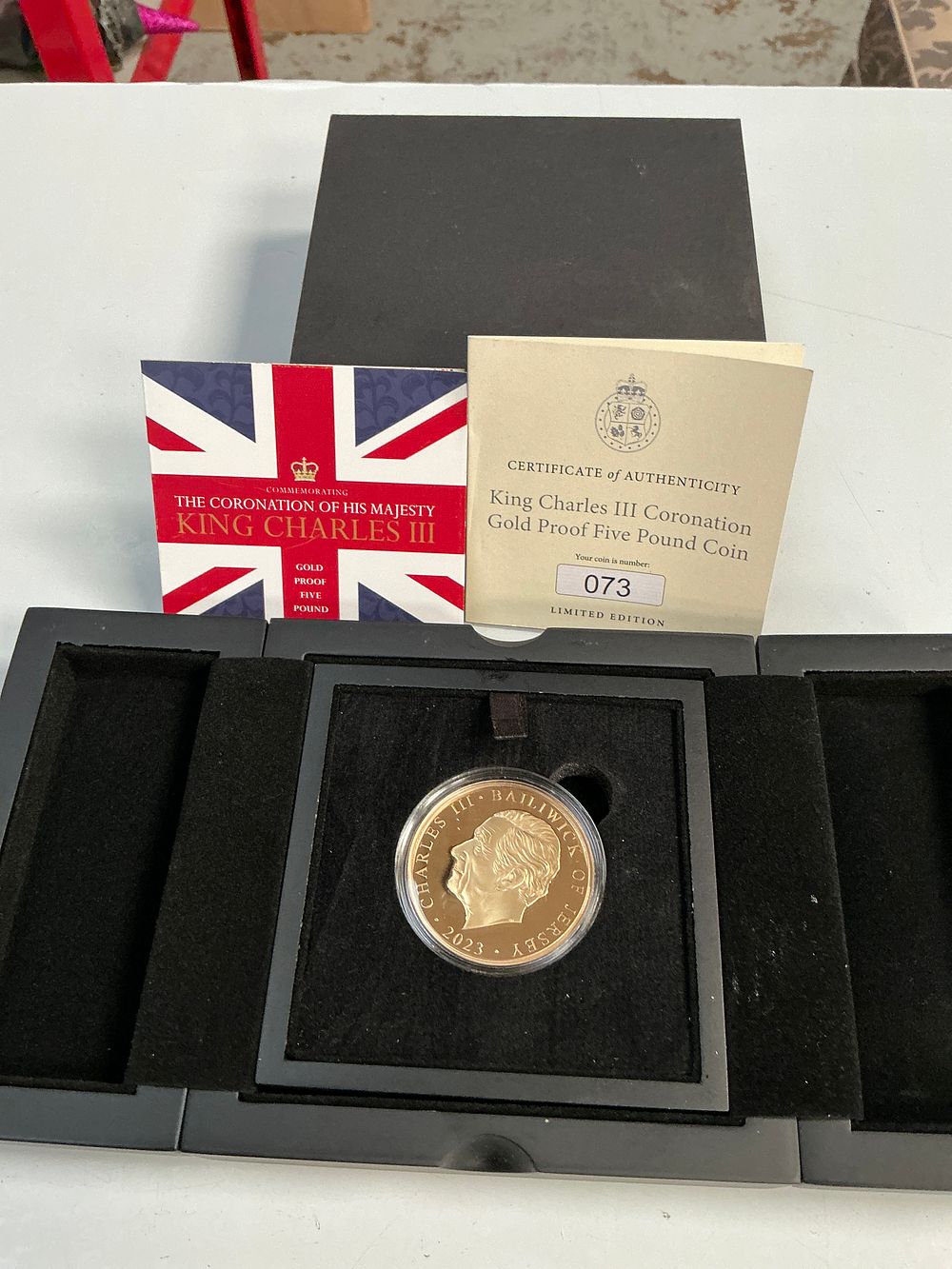 Lot 347: A 2023 Bailiwick of Jersey King Charles III Coronation 24ct Gold Proof Five Pound Coin