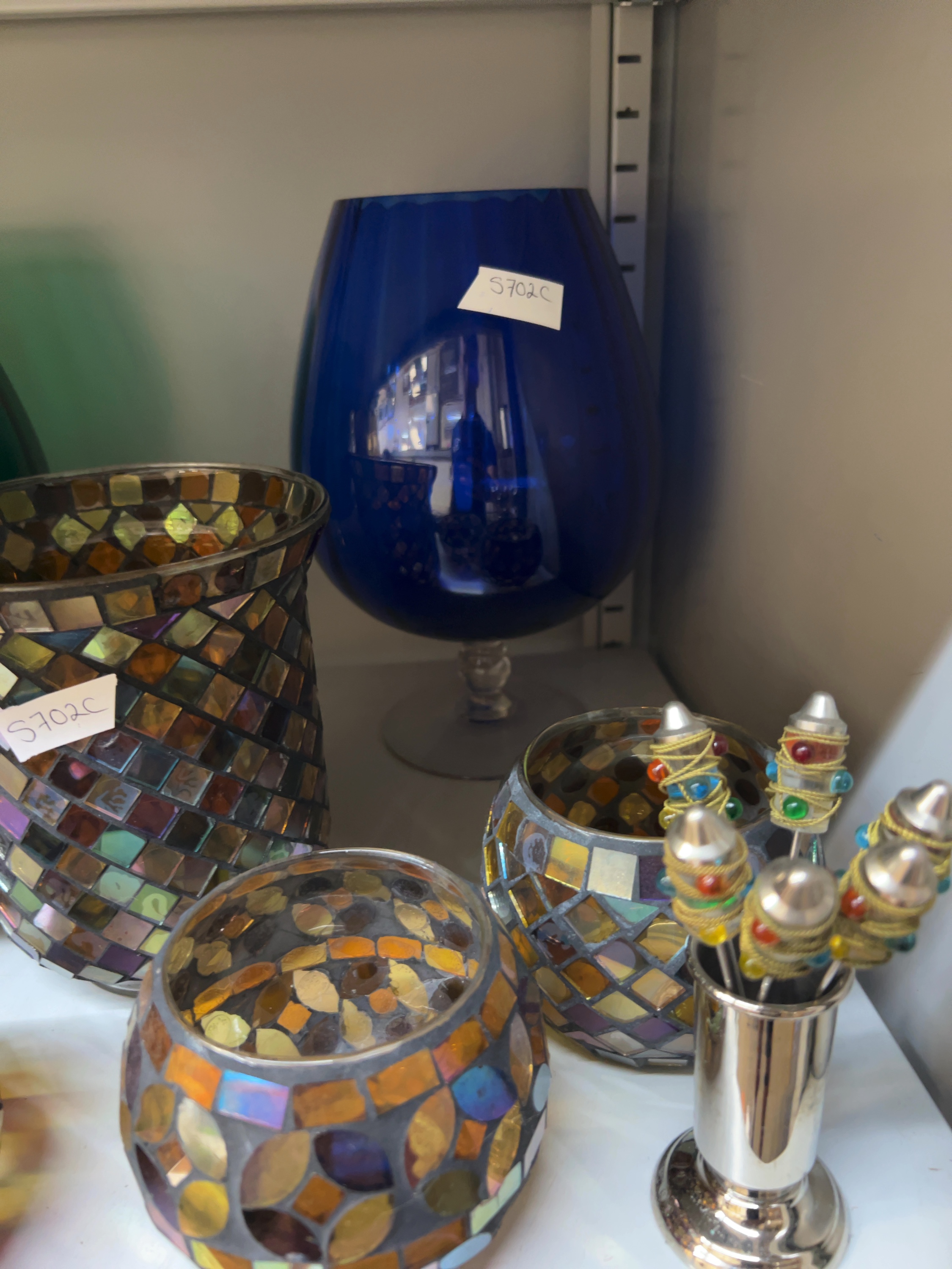 A Collection of Decorative Coloured and Mosaic Glassware and Bar Accessories