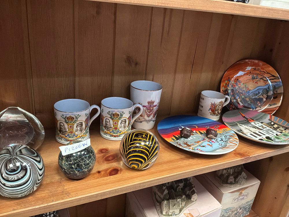 Lot 174: A Collection of British Royal Commemorative Ceramics, Decorative Plates and Art Glass Paperweights including Examples signed Friedel