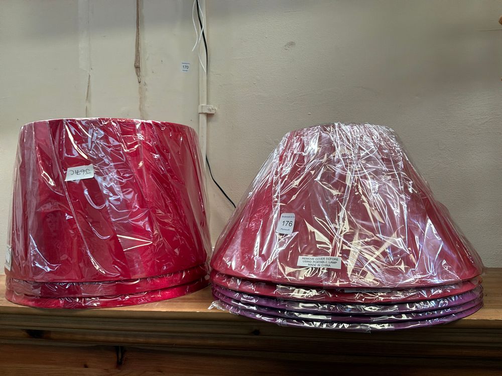 Lot 176: A Quantity of Fourteen Inch Fabric Coolie Lampshades in Red and Aubergine