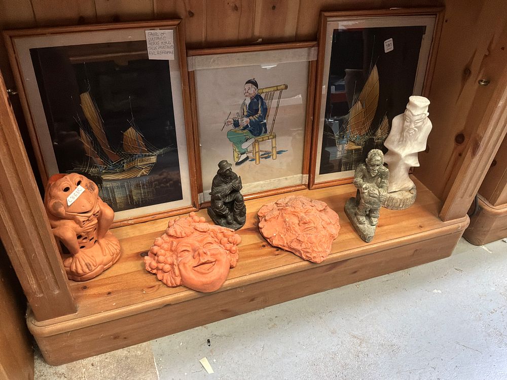 Lot 181: An Assortment of Decorative Objects including a Carved Stone Bust and Vintage Hong Kong Silk Paintings