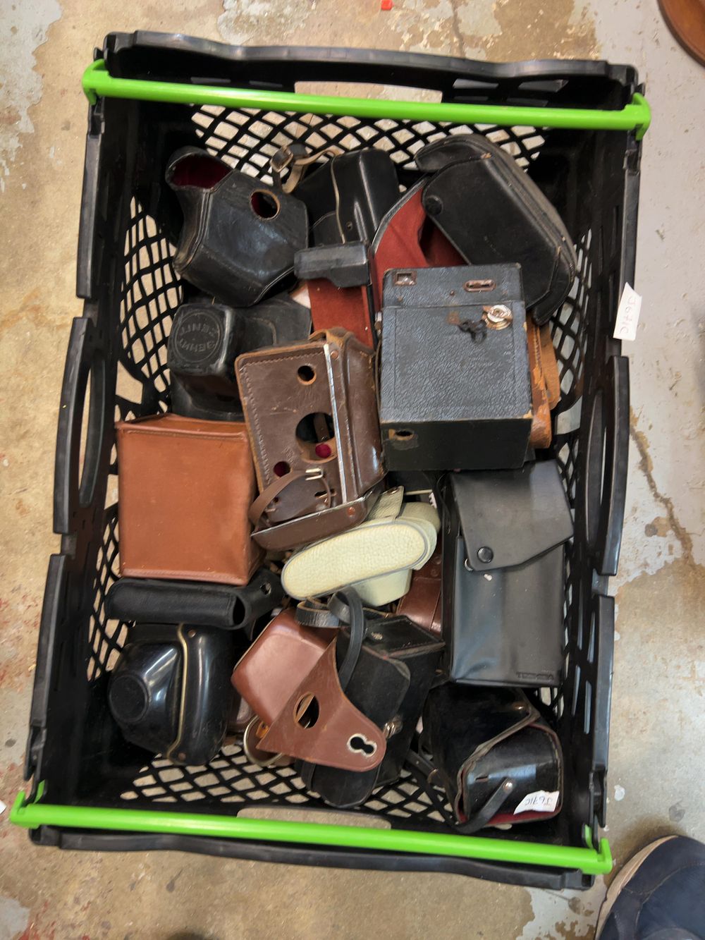 Lot 188: A Collection of Vintage Leather and Leatherette Camera Cases and Equipment Including Lubitel 2 and Toshiba Examples
