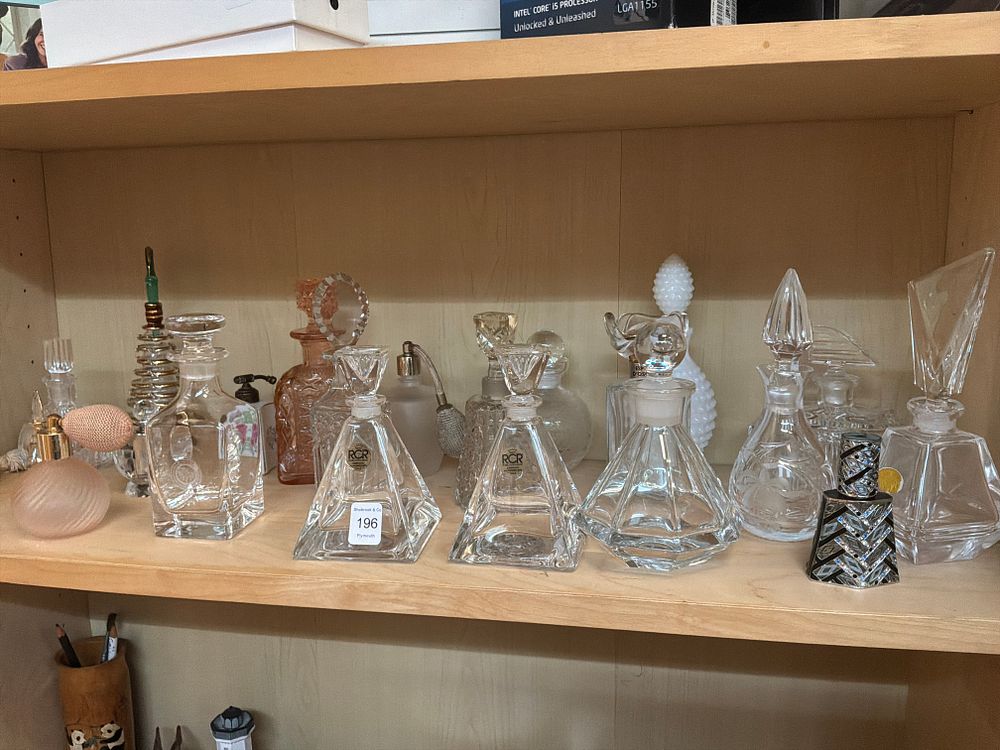 Lot 196: An Assortment of Glass and Crystal Perfume Bottles and Atomizers Including Royal Crystal Rock Examples