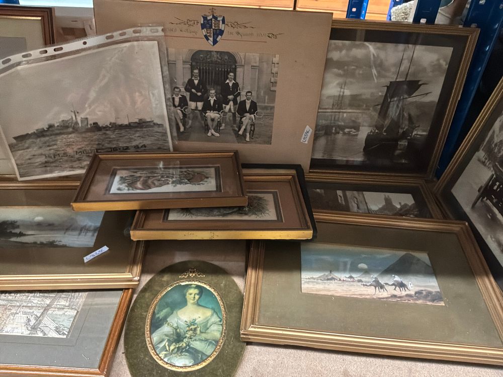 Lot 224: A Collection of Framed Artworks and Photographs, an Octagonal Chased Brass Tray and a Circular Wooden Wall Clock