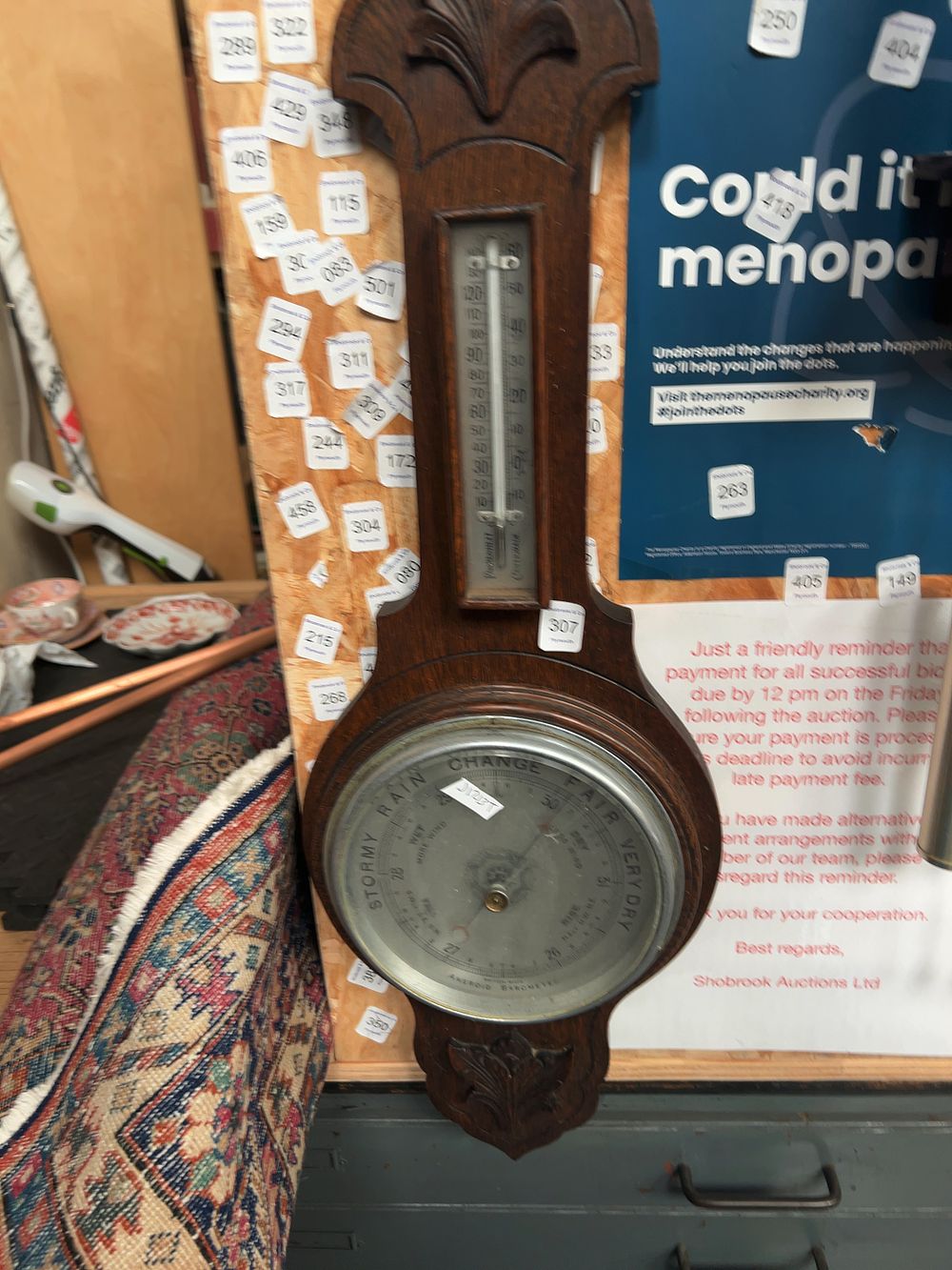Lot 307: A British Made Carved Oak Aneroid Banjo Barometer