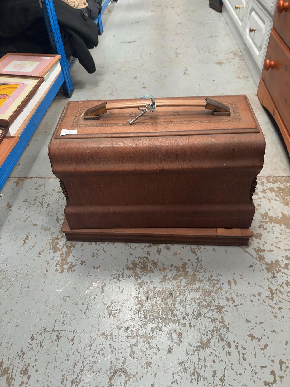 Lot 339: An  Antique style Wooden Bentwood Sewing Machine in Case with Key
