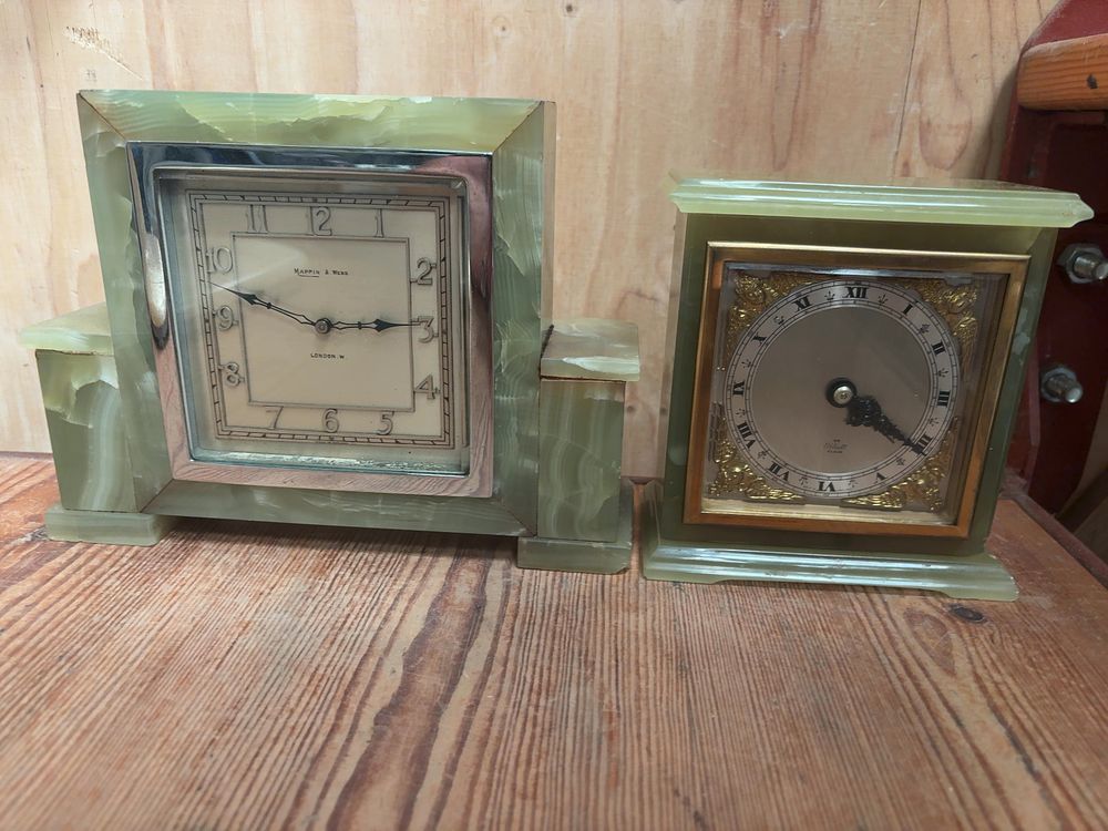 Lot 348: A Pair of Two Vintage Green Onyx Mantel Clocks Including Mappin & Webb and Elliott Examples