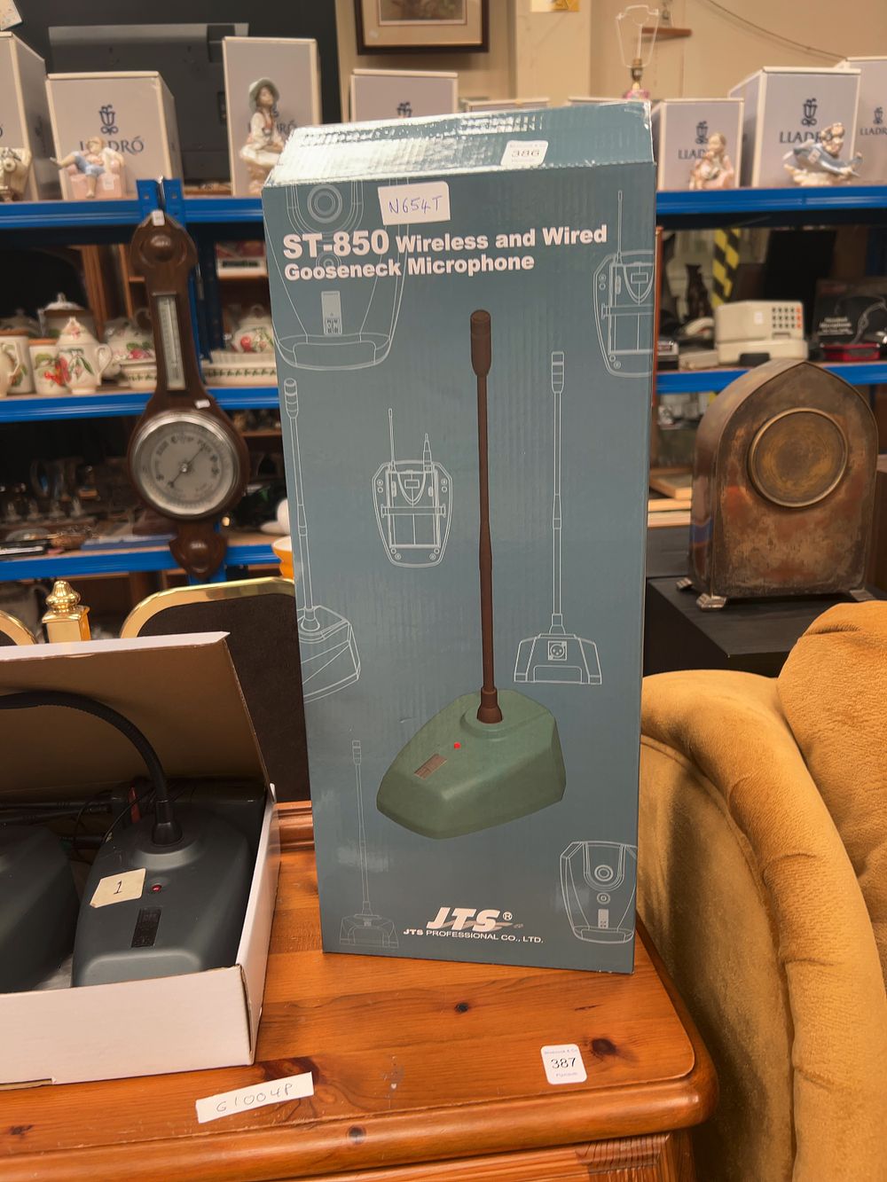 Lot 386: Two JTS Plastic and Metal Gooseneck Microphones and Transmitter with Retail Box