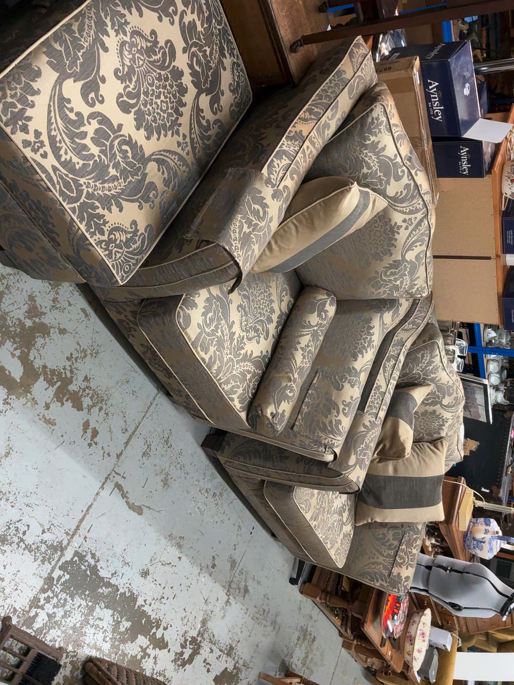 Lot 400: A Three Piece Suite of Contemporary Upholstered Damask Pattern Furniture including a Cuddle Armchair and Storage Ottoman