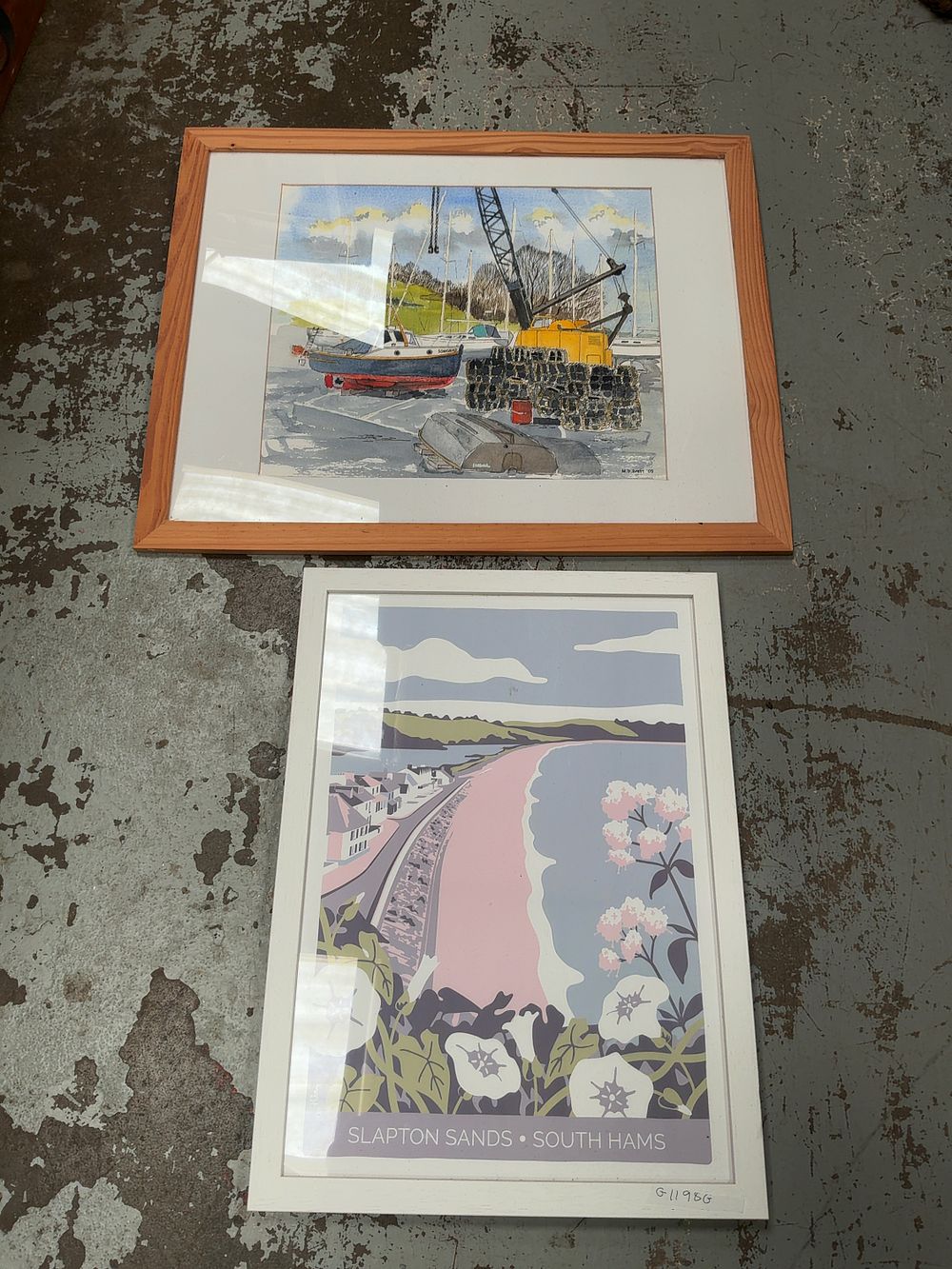 Lot 402: A Pair of Modern Framed Coastal Artworks Including M. D. Brett Watercolor and Hin Print (Signed)