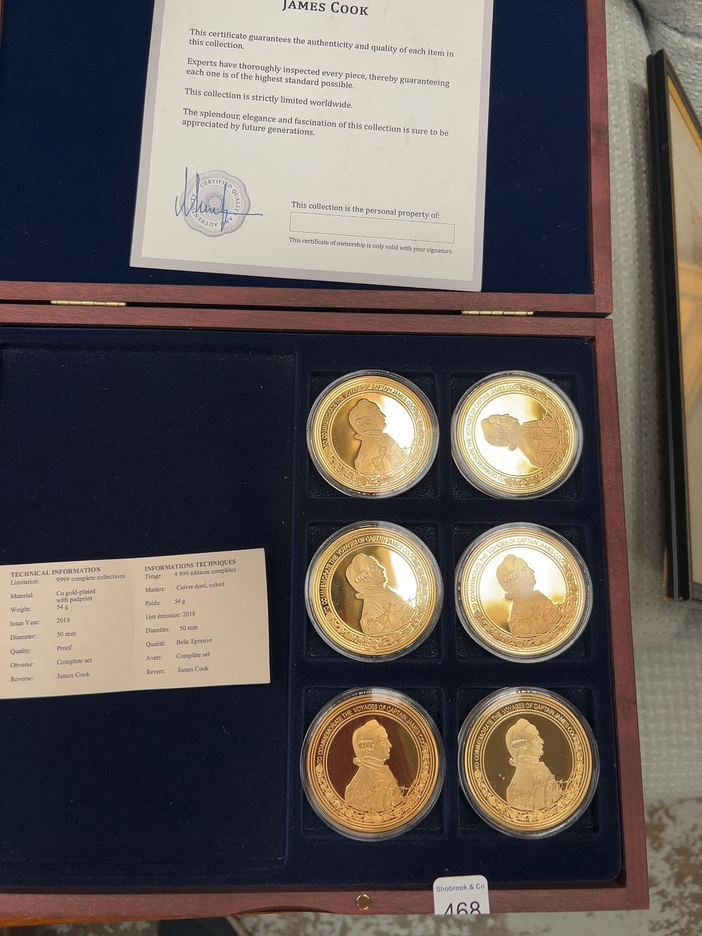 Lot 468: A Set of Six James Cook Commemorative Gold-Plated Copper Medallions with Presentation Case