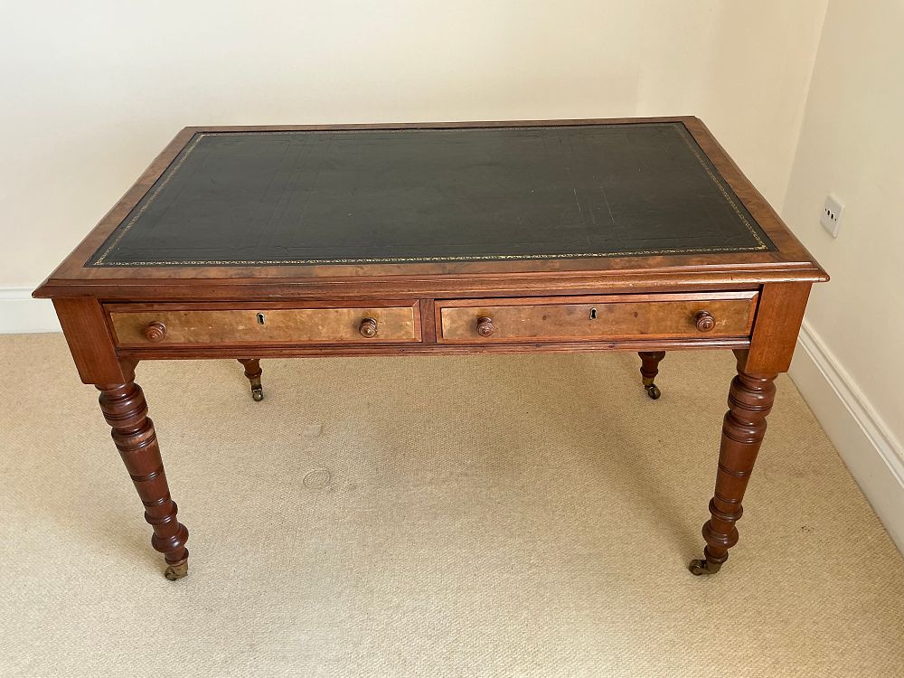 Lot 476: A Victorian Style Mahogany Writing Table with Leather Inset and Burr Veneer Drawer Fronts