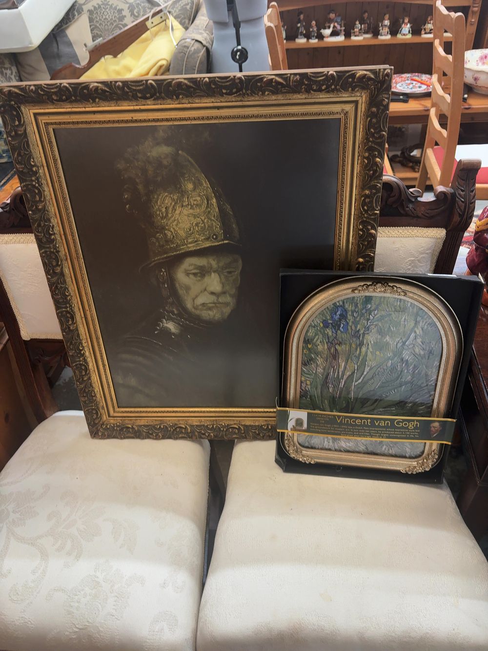 Lot 495: A Pair of Two Framed Decorative Prints including a Vincent van Gogh Iris and a Rembrandt style Portrait