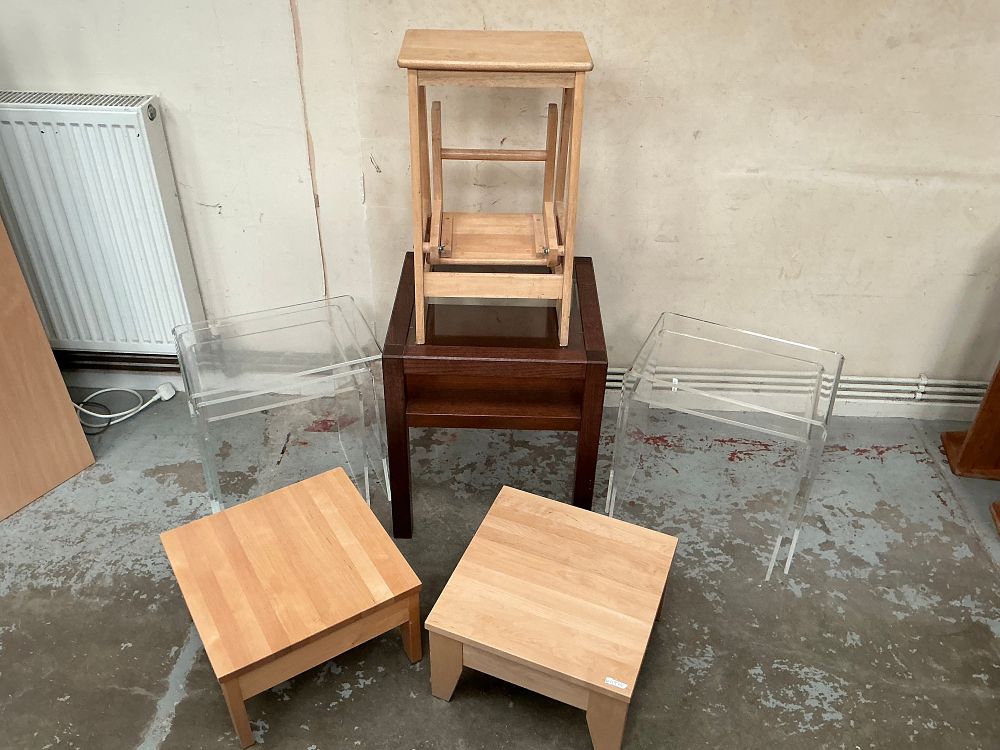 Lot 506: An Assortment of Contemporary and Novelty Furniture including a Crayola Coat Rack and Acrylic Tables