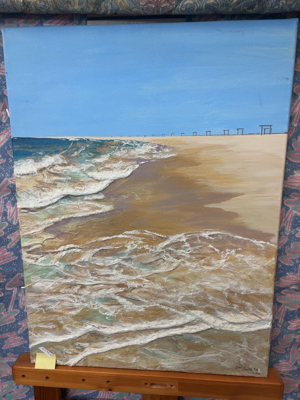 Lot 513: A Contemporary Bev Smith Mixed Media and Acrylic Painting on Canvas of a Dubai Coastline