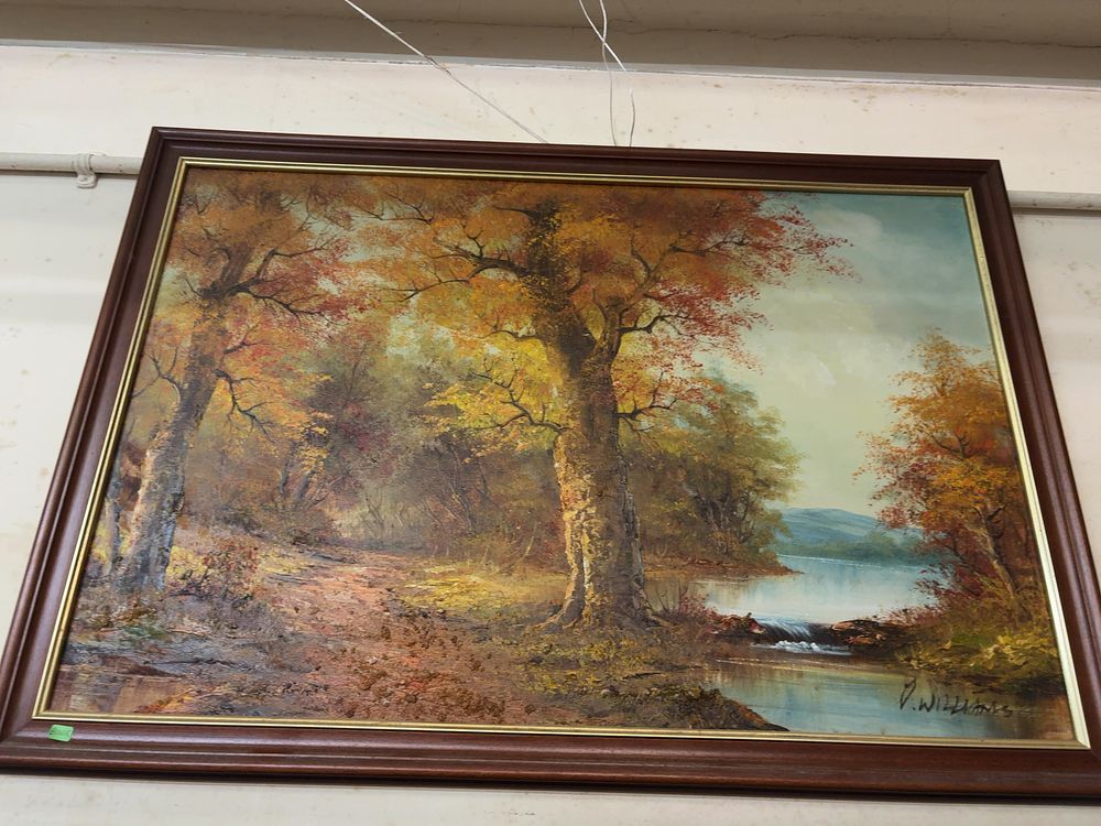 Lot 523: A V. Williams Oil on Canvas Autumnal Woodland Landscape Painting in a Moulded Wooden Frame