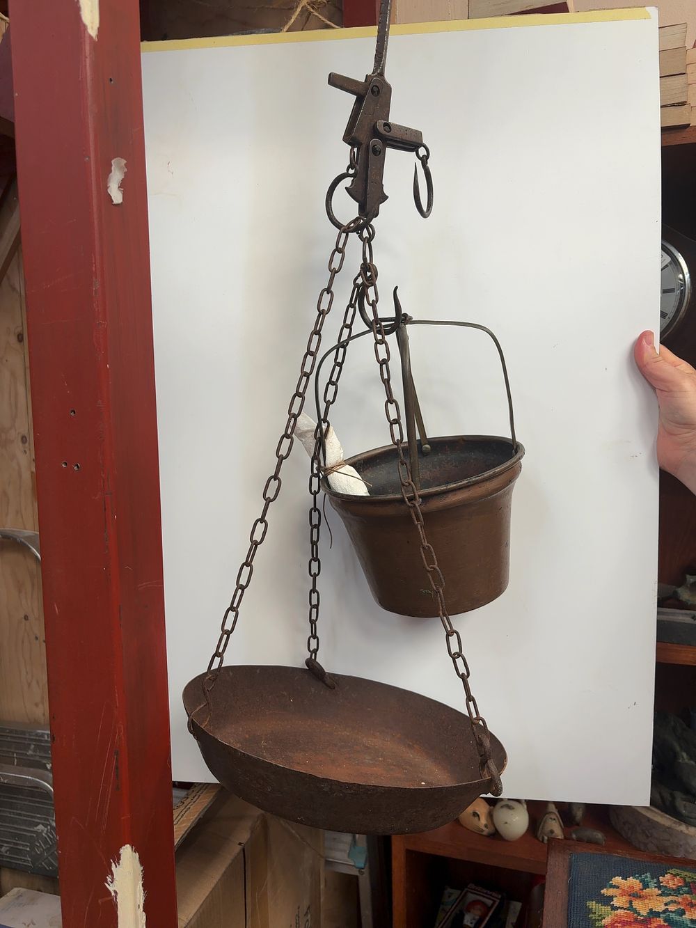 Lot 86: An Antique style Iron or Steel and Copper Hanging Balance Scale