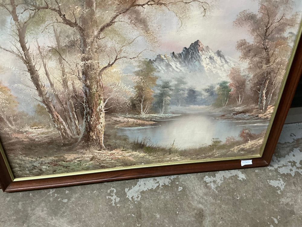 Lot 11: A 20th Century Roger B?Oil Painting on Canvas Board Depicting a Mountainous Landscape