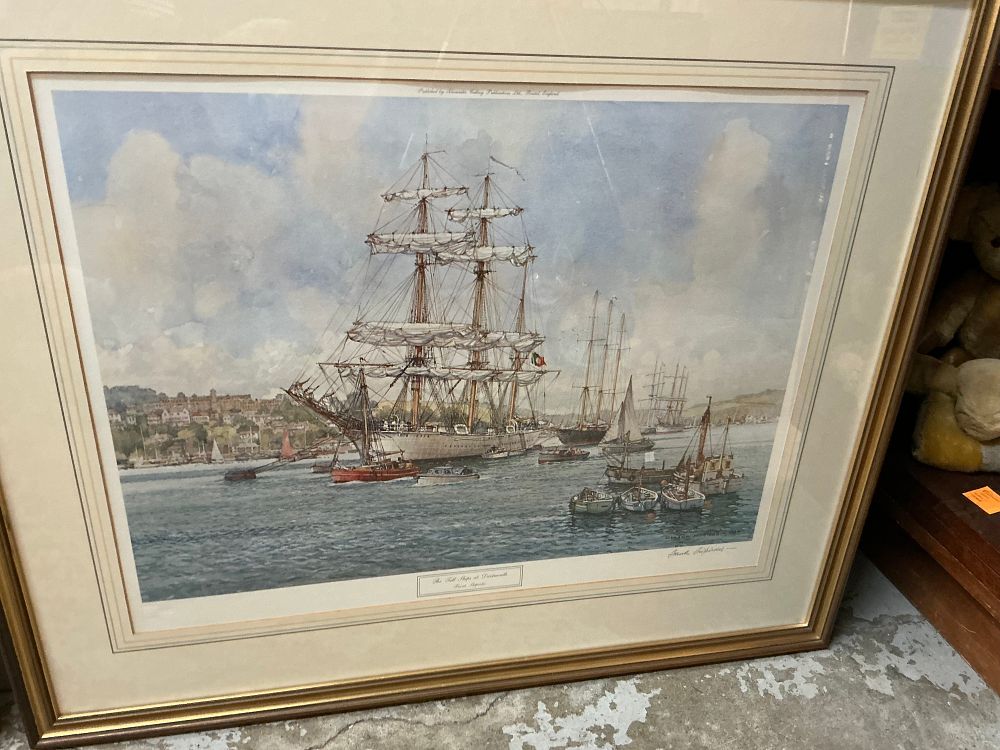 Lot 26: A Large Gilded Framed Maritime Print Titled The Tall Ships at Dartmouth by Frank Shipsides