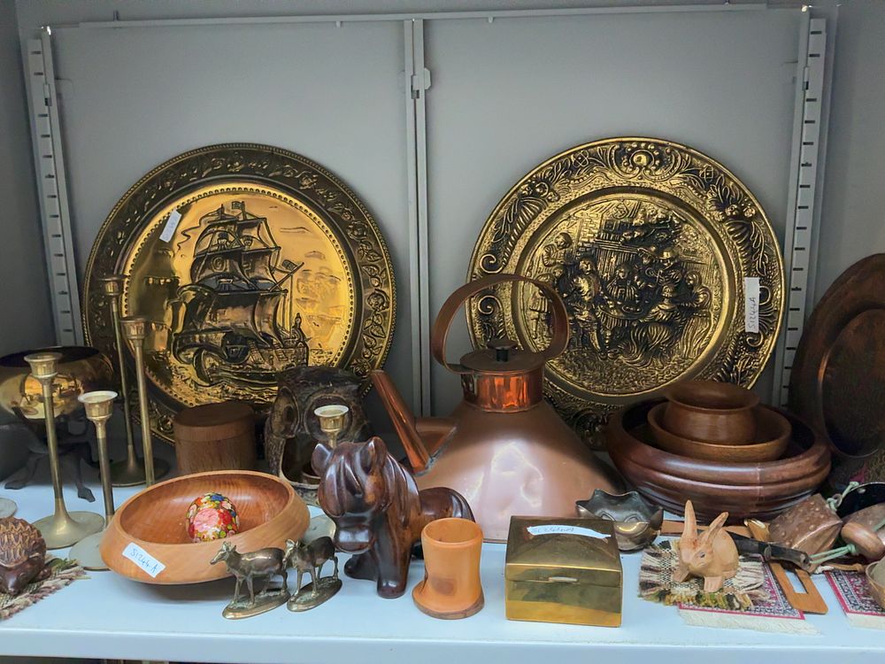 Lot 37: A Collection of Decorative Brass and Copper Metalware and Carved Wooden Ornaments
