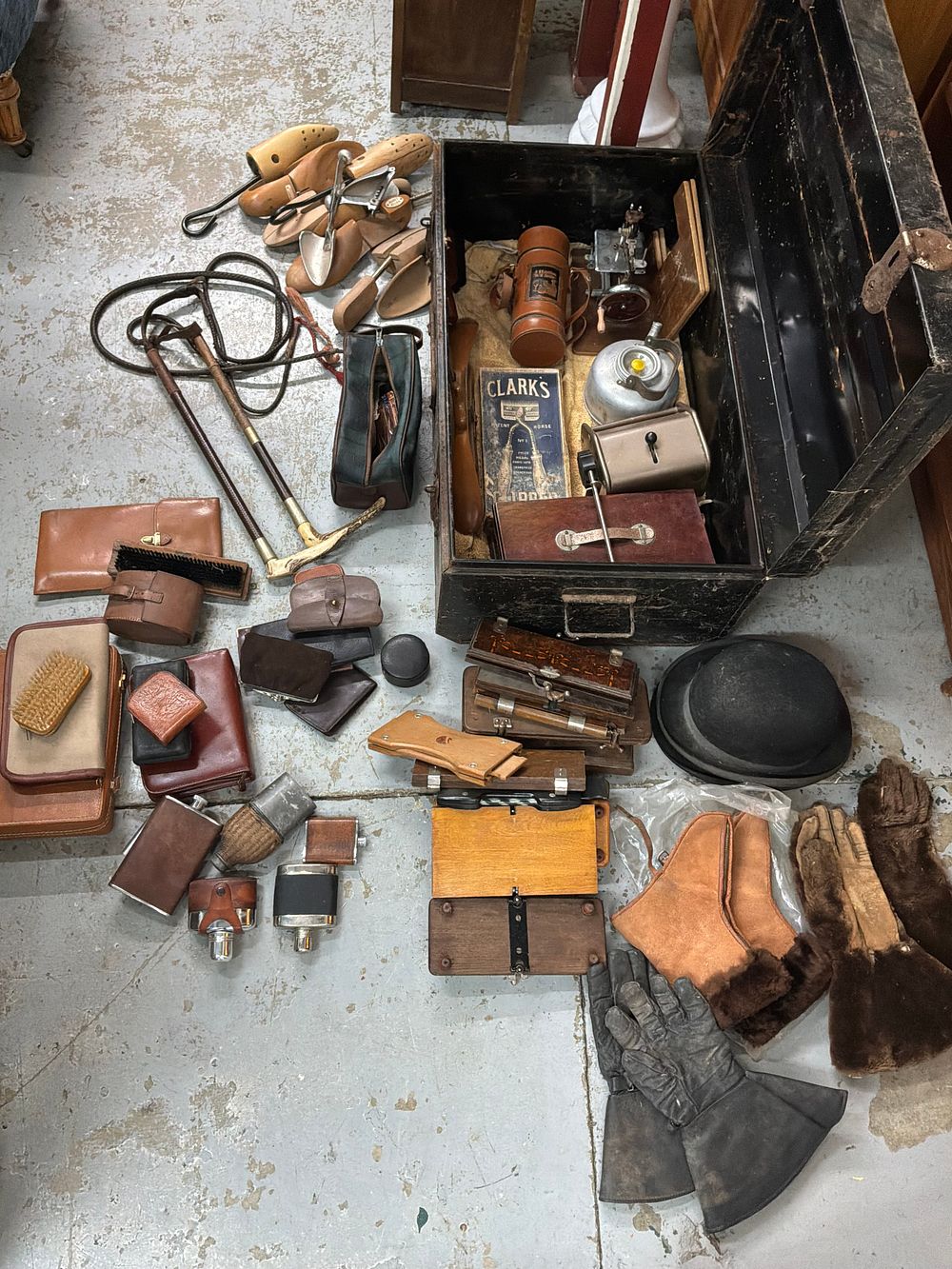 Lot 98: A Collection of Vintage Equestrian and Travel Accessories including Clark's Horse Clippers and James Allan Shoe Trees