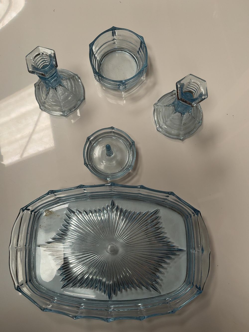 Lot 119: A Collection of Art Deco style Pressed Glass Dressing Table Sets and a Cased Manicure Set