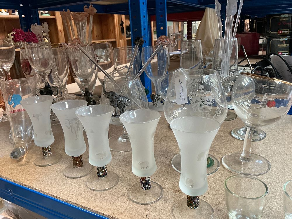 Lot 157: A Collection of Carlsberg Elephant Glass Barware and Stemware including a Drinking Horn and Figural Elephant Stems
