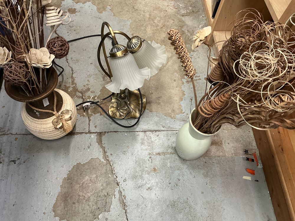 Lot 165: A Trio of Art Nouveau style Brass Toned Table Lighting and Decorative Ceramic Vases