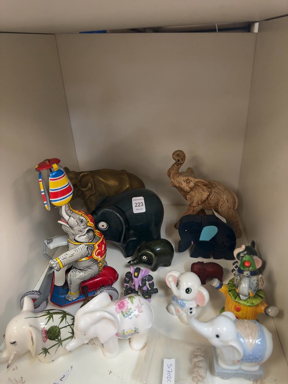 Lot 223: A Collection of Vintage and Modern Mixed Material Elephant Figurines Including a Japanese Tinplate Wind-up Toy
