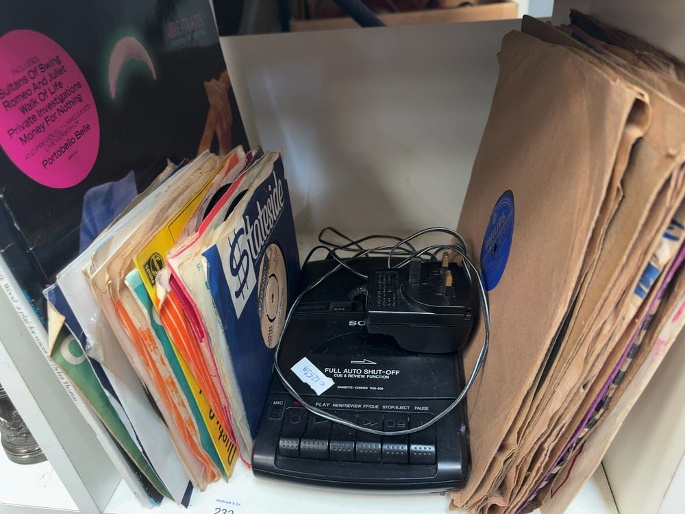 Lot 232: A Collection of a Sony Portable Cassette-Corder and Mixed Records Including Examples by Frank Sinatra and Aretha Franklin
