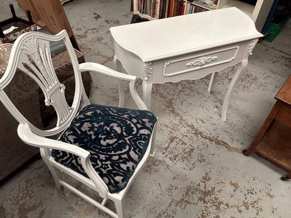 Lot 238: A Pair of Two White Painted Furniture Items Comprising a Shield Back Armchair and a Console Table