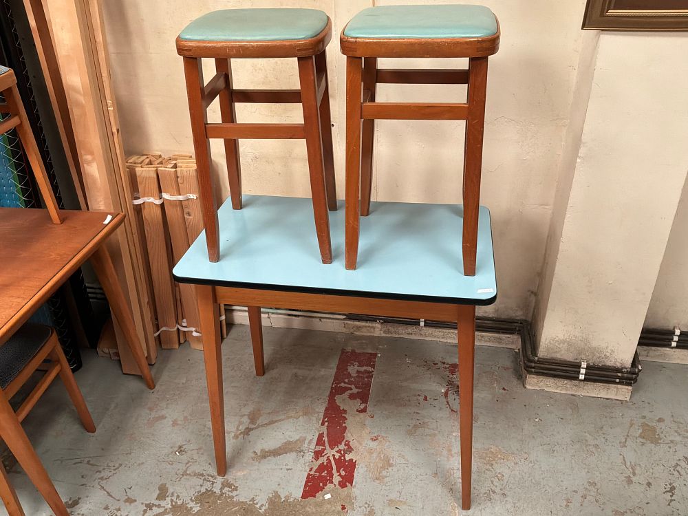 Lot 280: A Trio of Three Mid-Century Modern style Blue Laminate Furniture Pieces comprising a Table and Two Stools