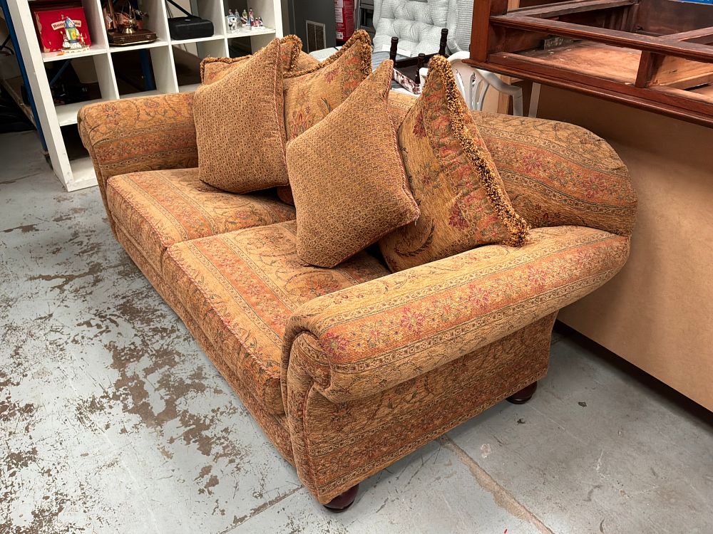 Lot 283: A Contemporary Traditional Style Tapestry Upholstered Scroll-Arm Sofa