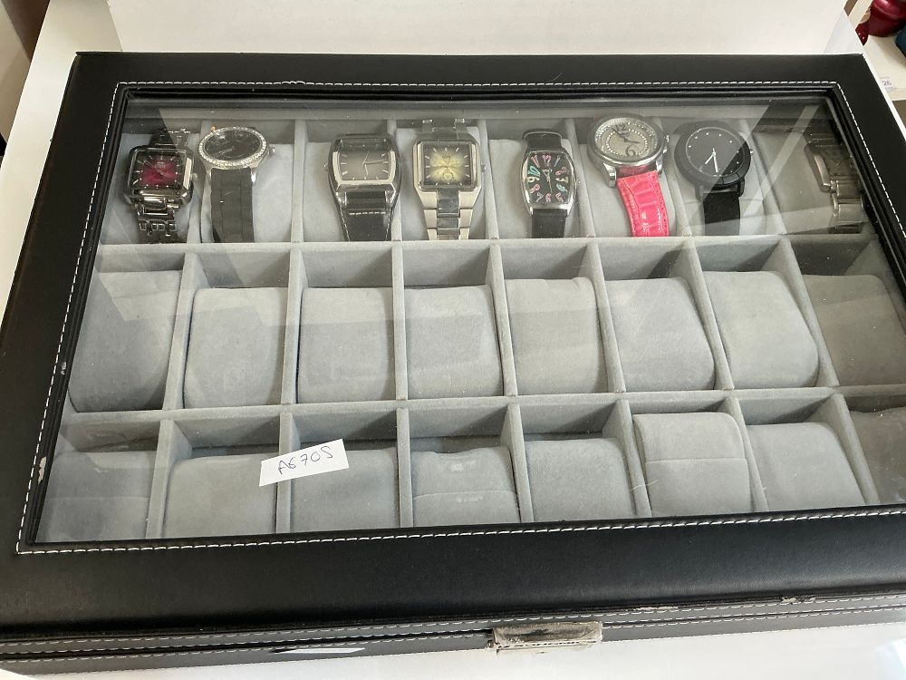 Lot 298: A Collection of Eight Assorted Fashion Watches Including Spirit and Zinvo Examples in a Twenty Four Slot Display Case