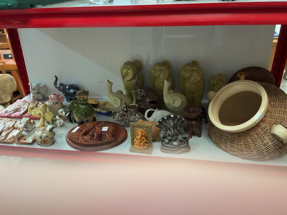 Lot 313: A Collection of Elephant Figurines and Decorative Items in Various Materials