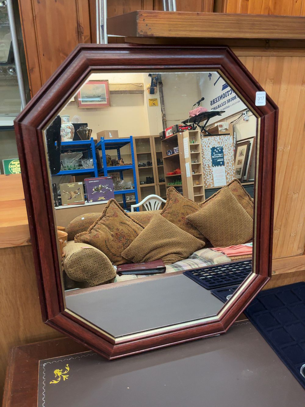 Lot 317: A Mid 20th Century Style Mahogany Stained Hardwood Octagonal Wall Mirror with Bevelled Plate