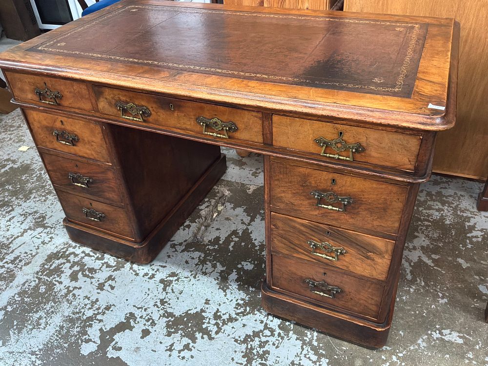 Lot 324: A Victorian Style Burr Walnut Veneered Twin Pedestal Desk With Inset Leather Writing Surface