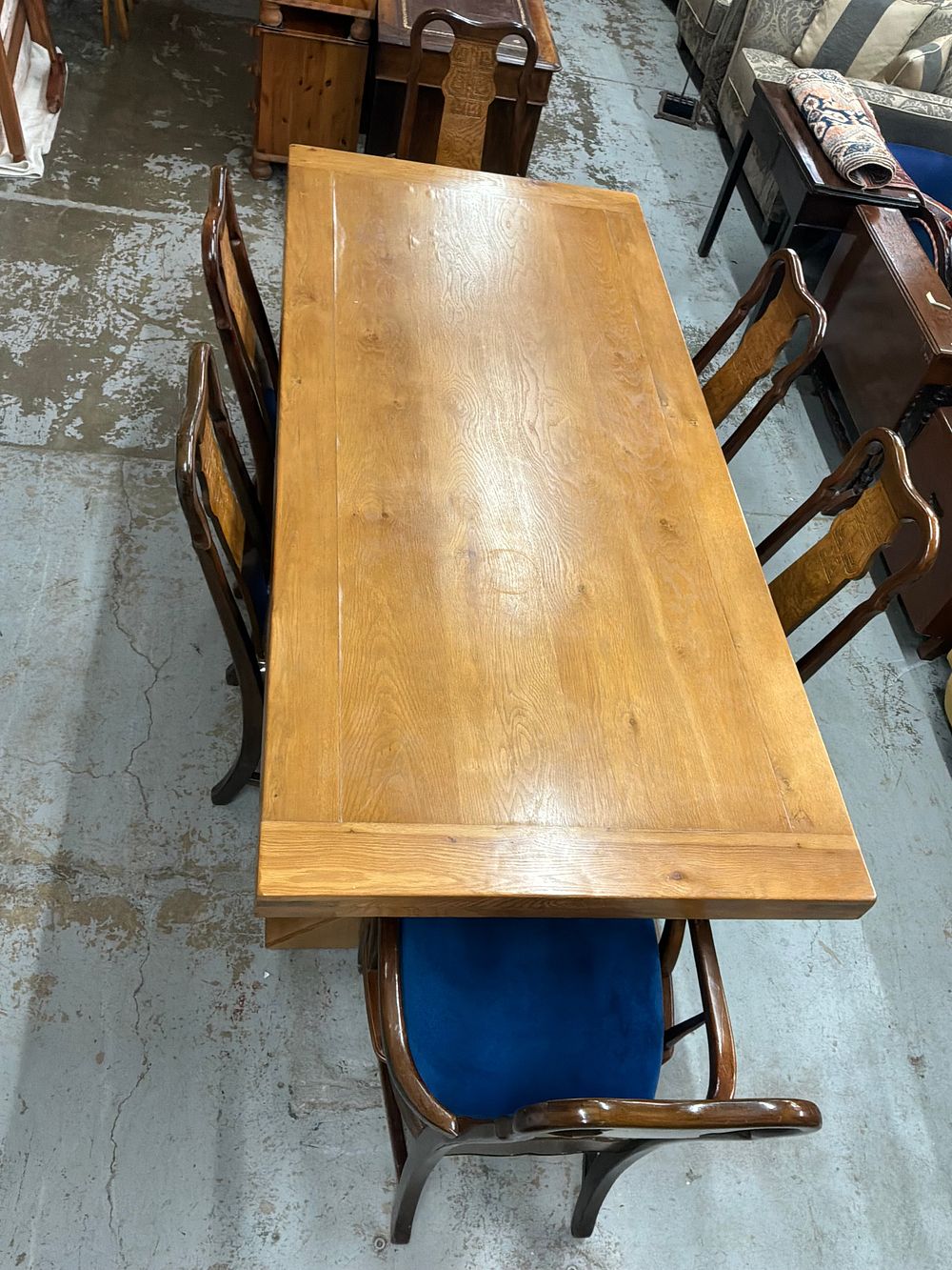 Lot 325: A Solid Oak Trestle Dining Table and a Set of Six Chinoiserie style Dining Chairs