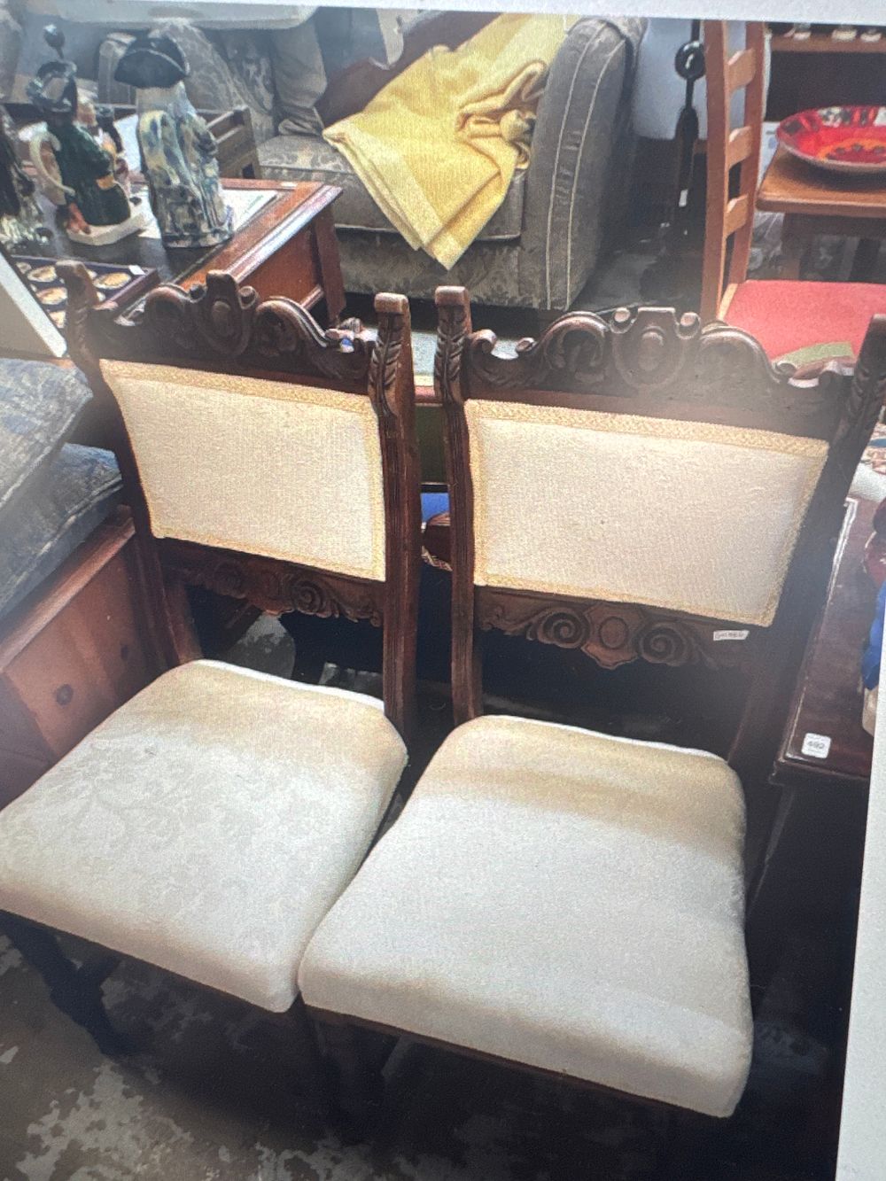 Lot 346: A Pair of Two Victorian Style Carved Dark Wood Side Chairs with Damask Upholstery