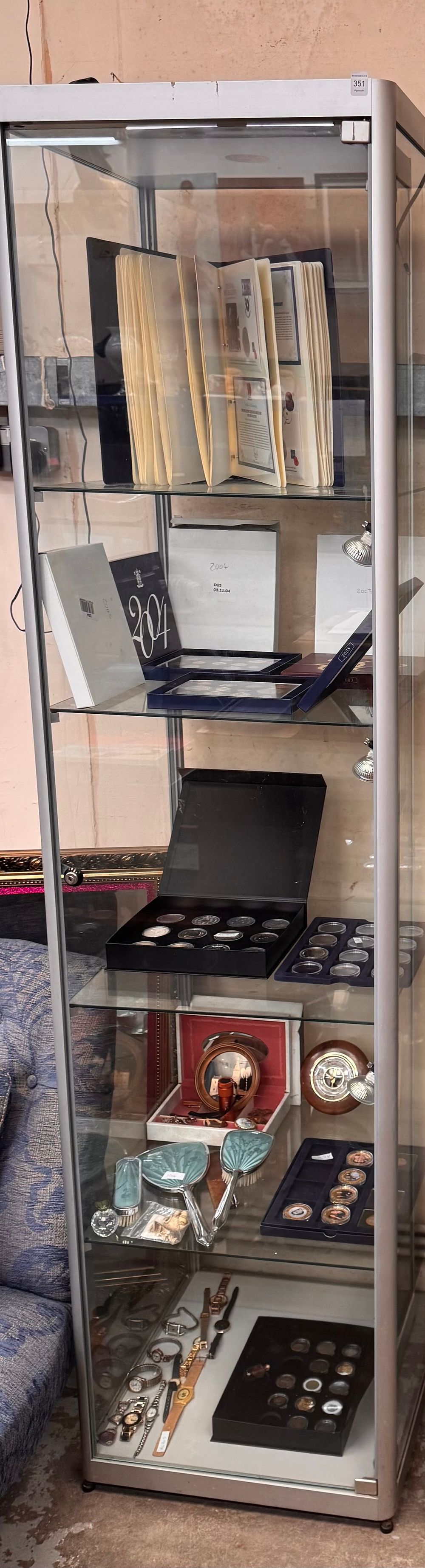 Lot 351: A Modern Silver Toned Metal and Glass Tall Freestanding Display Cabinet, Empty